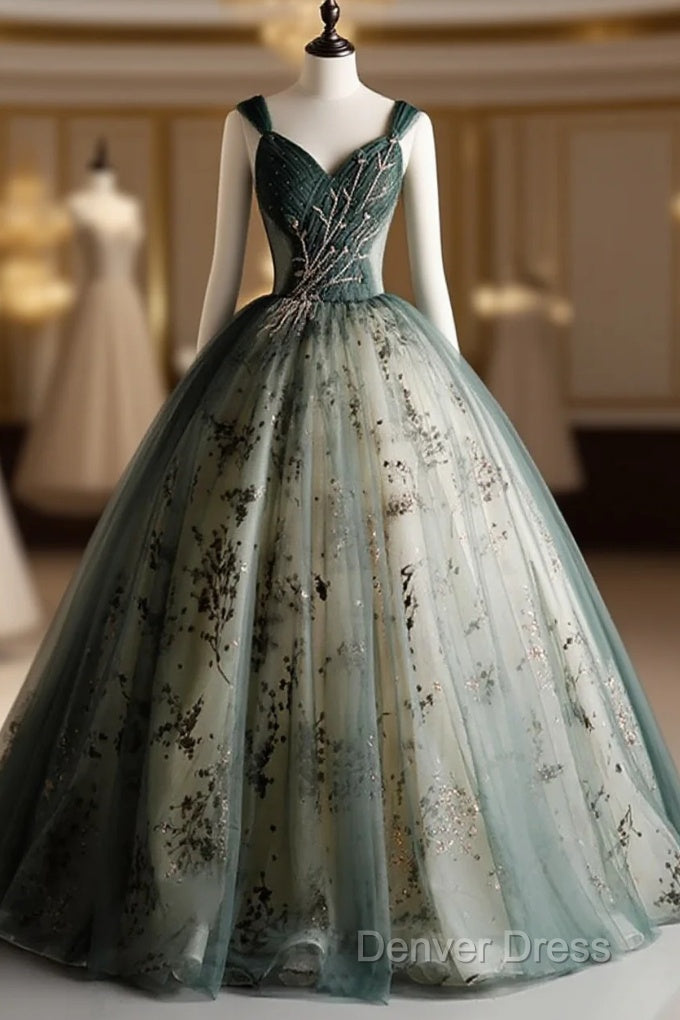 Dusty Green Ball Gowns Beaded Tulle Prom Dress, Ball Gowns Sweet 16 Dresses Main image