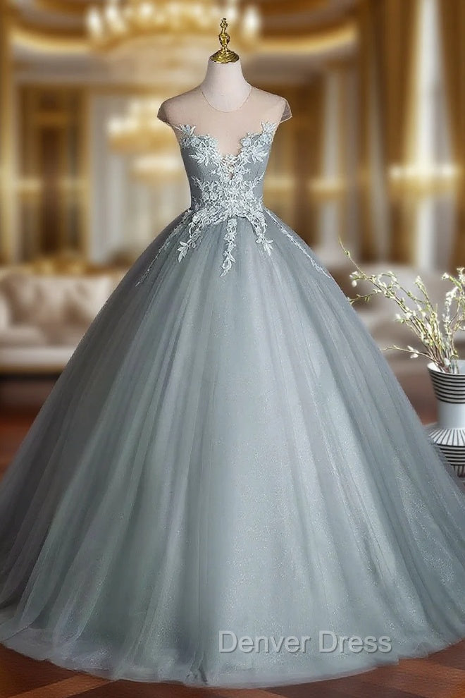 Dusty Green Tulle Floor Length Prom Dresses with Lace, Elegant A-Line Formal Evening Dresses Main image