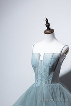 Dusty Green Tulle Lace Floor Length Prom Dress, Beautiful A Line Prom Dresses