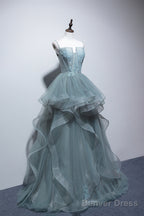 Dusty Green Tulle Lace Floor Length Prom Dress, Beautiful A Line Prom Dresses