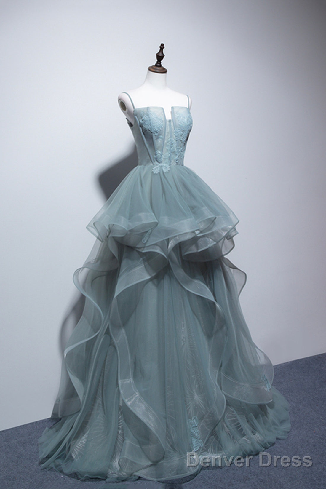 Dusty Green Tulle Lace Floor Length Prom Dress, Beautiful A Line Prom Dresses