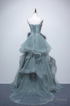 Dusty Green Tulle Lace Floor Length Prom Dress, Beautiful A Line Prom Dresses