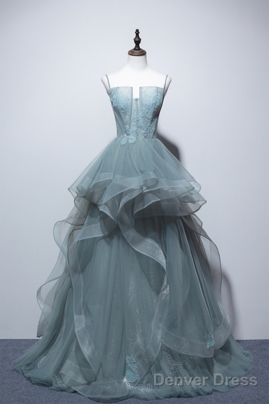 Dusty Green Tulle Lace Floor Length Prom Dress, Beautiful A Line Prom Dresses Main image