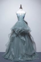 Dusty Green Tulle Lace Floor Length Prom Dress, Beautiful A Line Prom Dresses