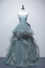 Dusty Green Tulle Lace Floor Length Prom Dress, Beautiful A Line Prom Dresses