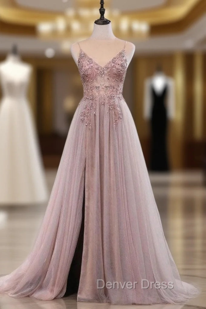 Dusty Pink Spaghetti Straps Gorgeous Beading Prom Dresses A Line Split Tulle Evening Dresses Main image