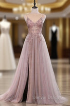Dusty Pink Spaghetti Straps Gorgeous Beading Prom Dresses A Line Split Tulle Evening Dresses