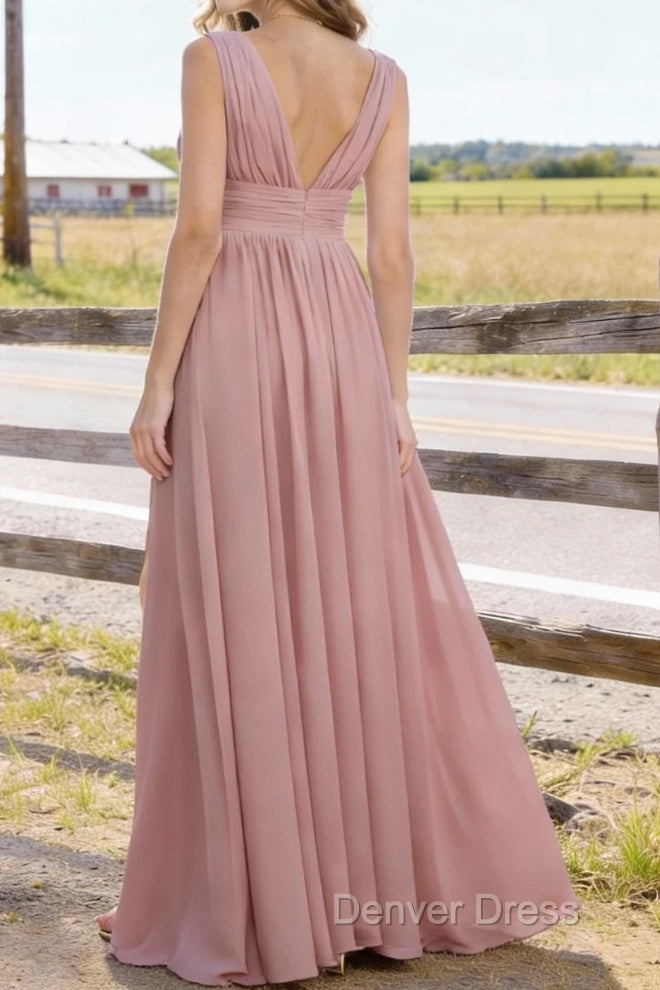 Dusty Pink V Neck Chiffon Floor Length Bridesmaid Dress Long Bridesmaid Dresses With Pleated Split Secondary image