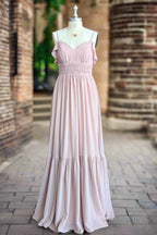 Dusty Rose A Line Bow Ruffle Sleeveless Chiffon Bridesmaid Dresses