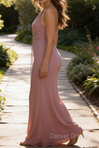 Dusty Rose A Line Chiffon Deep V Neck Prom Dress Long Bridesmaid Dresses