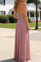 Dusty Rose A Line Chiffon Long Prom Dress Deep V Neck Bridesmaid Dresses