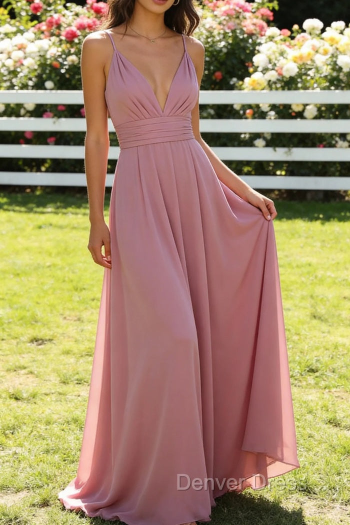 Dusty Rose A Line Chiffon Long Prom Dress Deep V Neck Bridesmaid Dresses Main image