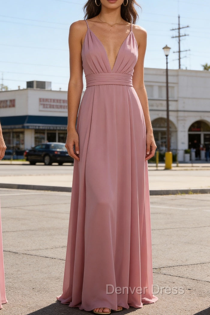 Dusty Rose A Line Chiffon Prom Dress Deep V Neck Bridesmaid Dresses Long