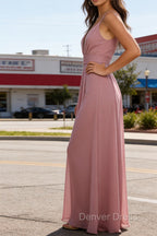 Dusty Rose A Line Chiffon Prom Dress Deep V Neck Bridesmaid Dresses Long