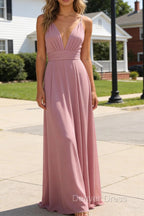Dusty Rose A Line Chiffon Prom Dress Deep V Neck Bridesmaid Dresses Long