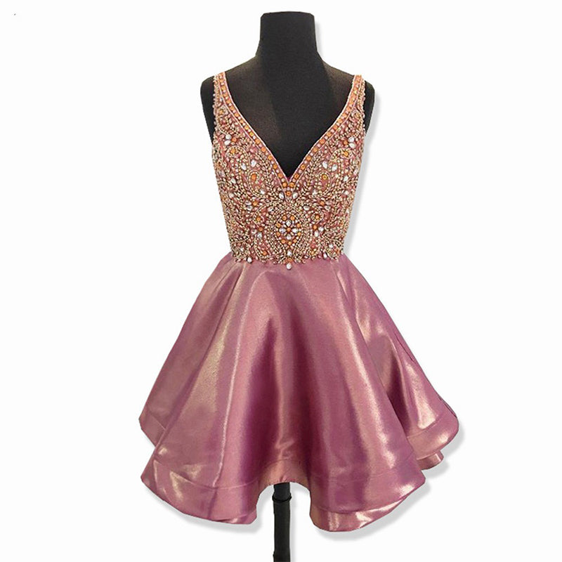 Dusty Rose Stunning Rhinestone Sparkly Beaded Top Homecoming Dresses