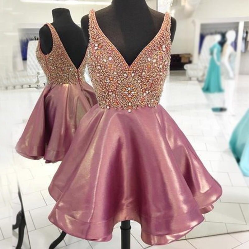Dusty Rose Stunning Rhinestone Sparkly Beaded Top Homecoming Dresses Main image