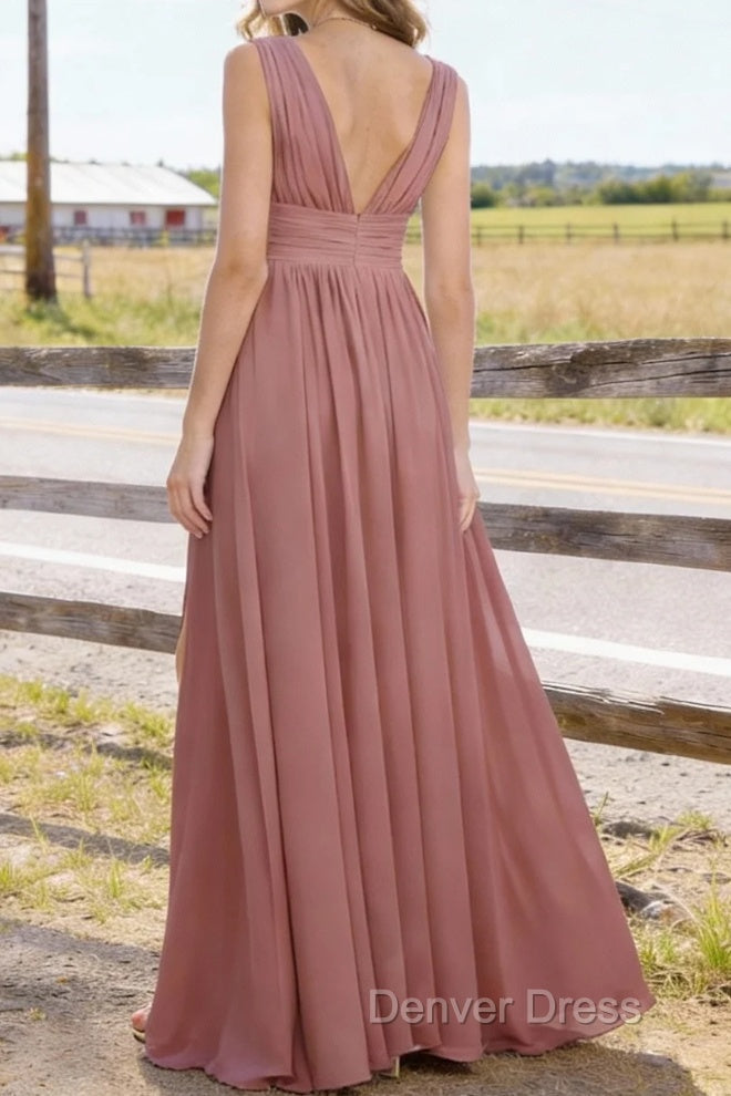 Dusty Rose V Neck Chiffon Floor Length Bridesmaid Dress Long Bridesmaid Dresses With Pleated Split