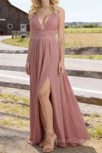 Dusty Rose V Neck Chiffon Floor Length Bridesmaid Dress Long Bridesmaid Dresses With Pleated Split