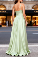 Dusty Sage A Line Cowl Neck Satin Long Prom Dress with Pleated