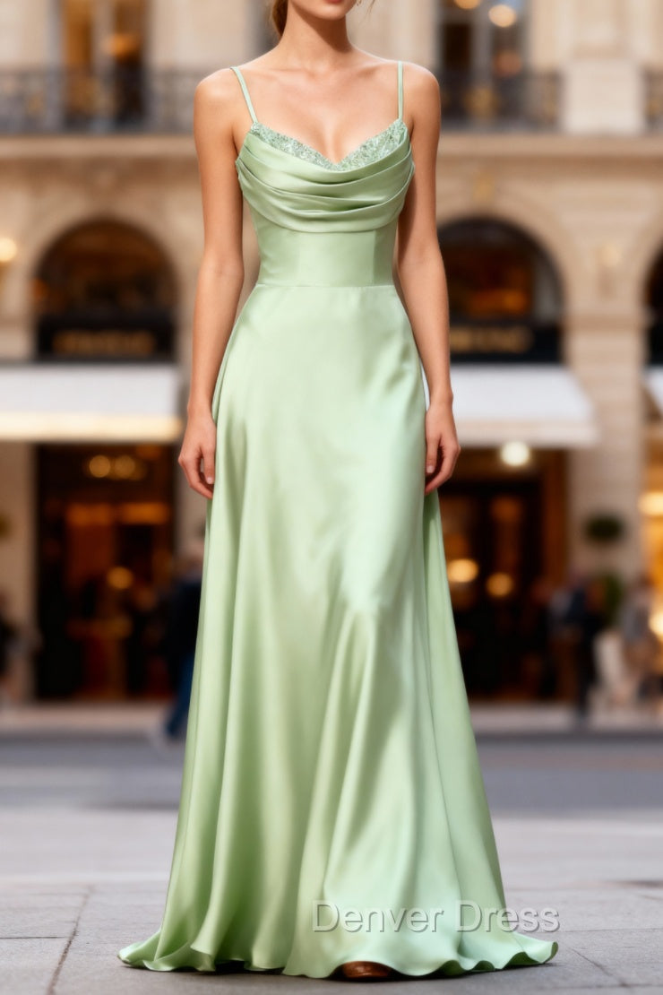 Dusty Sage A Line Cowl Neck Satin Long Prom Dresses with Pleated