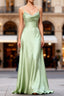Dusty Sage A Line Cowl Neck Satin Long Prom Dresses with Pleated