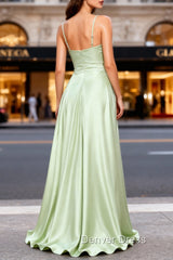 Dusty Sage A Line Cowl Neck Satin Long Prom Dresses with Pleated