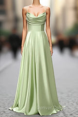 Dusty Sage A Line Cowl Neck Satin Long Prom Dresses with Pleated