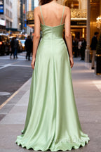 Dusty Sage Classy Satin Long Prom Dresses with Pleated