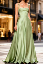 Dusty Sage Cute Satin Long Prom Dresses with Pleated