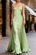 Dusty Sage Cute Satin Long Prom Dresses with Pleated