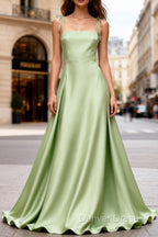 Dusty Sage Elegant Satin Long Prom Dresses with Pleated