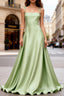 Dusty Sage Elegant Satin Long Prom Dresses with Pleated