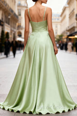 Dusty Sage Elegant Satin Long Prom Dresses with Pleated