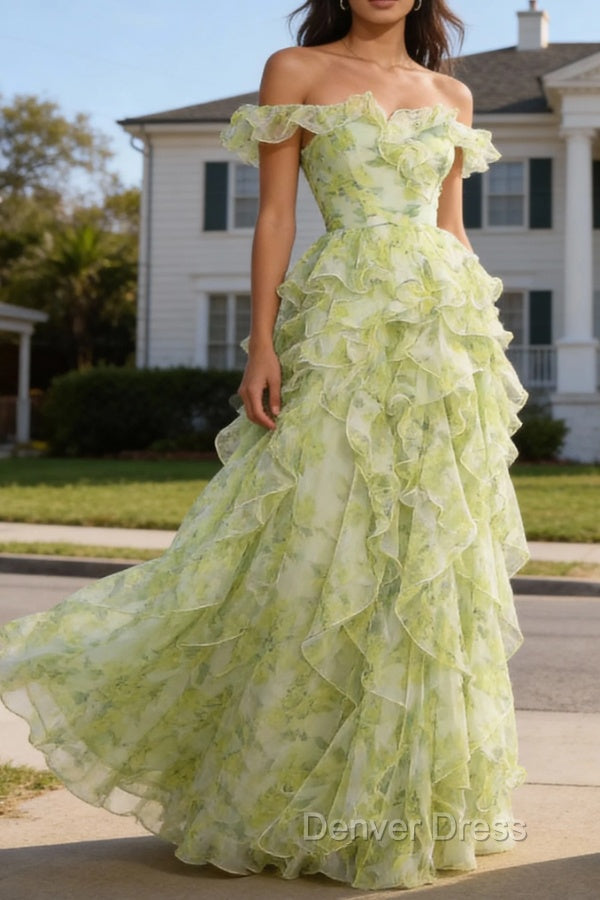 Dusty Sage Floral Ruffled A-Line Square Neck Long Prom Dresses Secondary image