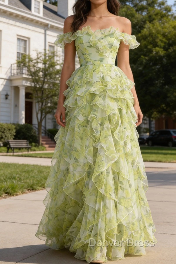 Dusty Sage Floral Ruffled A-Line Square Neck Long Prom Dresses