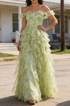 Dusty Sage Floral Ruffled A-Line Square Neck Long Prom Dresses
