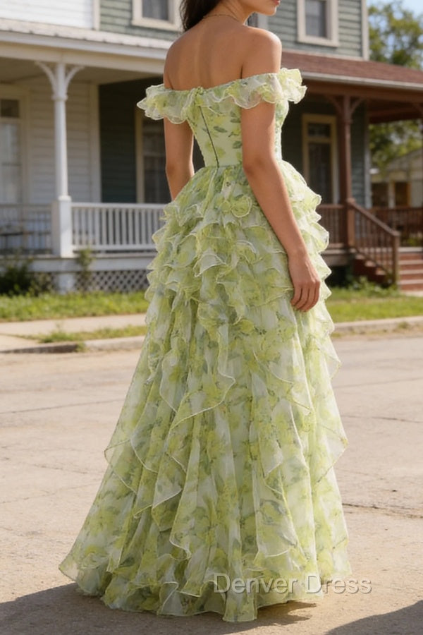 Dusty Sage Floral Ruffled A-Line Square Neck Long Prom Dresses