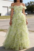 Dusty Sage Floral Ruffled A-Line Square Neck Long Prom Dresses