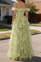 Dusty Sage Floral Ruffled A-Line Square Neck Long Prom Dresses