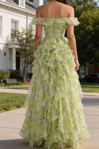 Dusty Sage Floral Ruffled A-Line Square Neck Long Prom Dresses