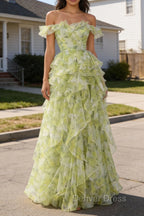 Dusty Sage Floral Ruffled A-Line Square Neck Long Prom Dresses