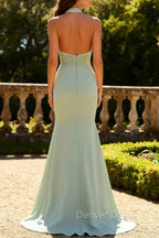 Dusty Sage Halter Mermaid Chiffon Bridesmaid Dress With Ruffles