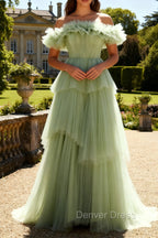 Dusty Sage Off The Shoulder A Line Ruffle Long Prom Dress