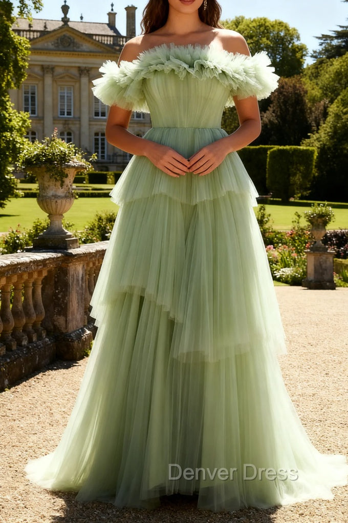 Dusty Sage Off The Shoulder A Line Ruffle Long Prom Dress