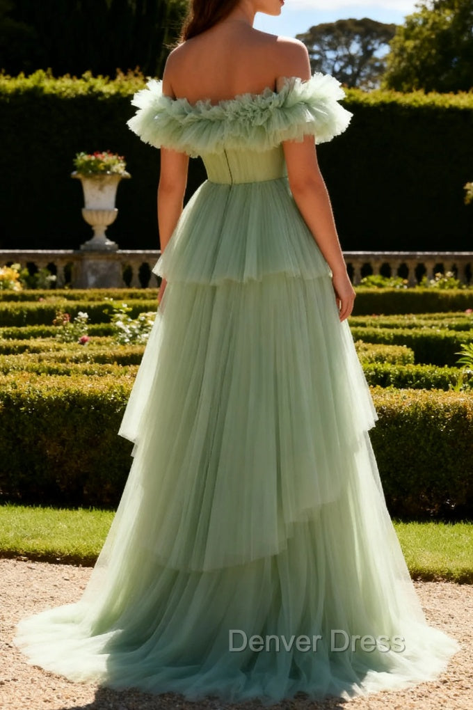 Dusty Sage Off The Shoulder A Line Ruffle Long Prom Dress