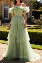Dusty Sage Off The Shoulder A Line Ruffle Long Prom Dress