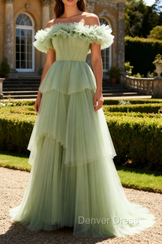 Dusty Sage Off The Shoulder A Line Ruffle Long Prom Dress
