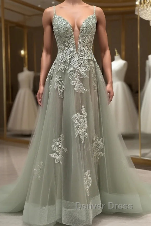 Dusty Sage Prom Dresses Plunging V Neck Appliques Lace Up A Line Long Prom Gowns