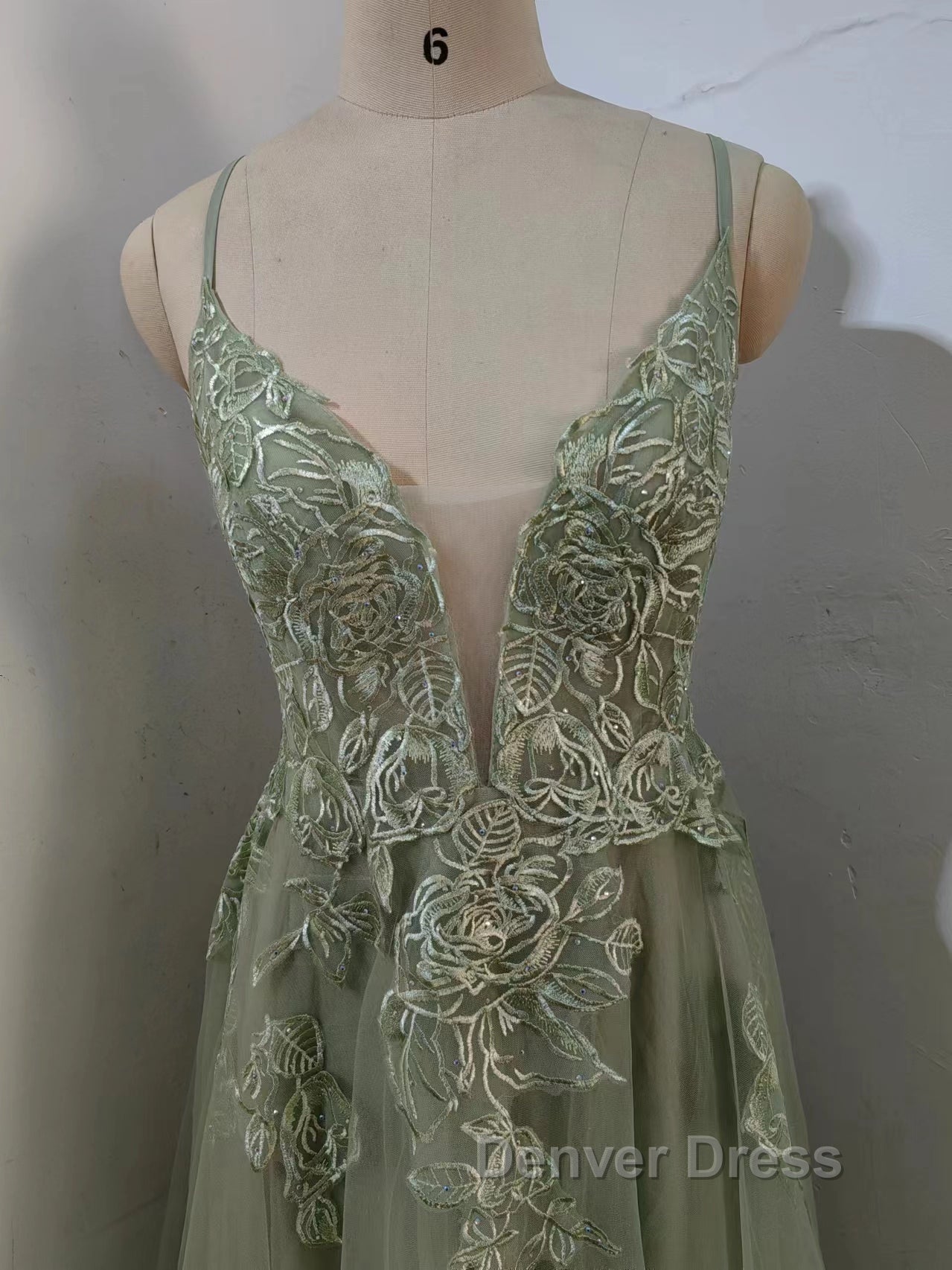 Dusty Sage Prom Dresses Plunging V Neck Appliques Lace Up A Line Long Prom Gowns